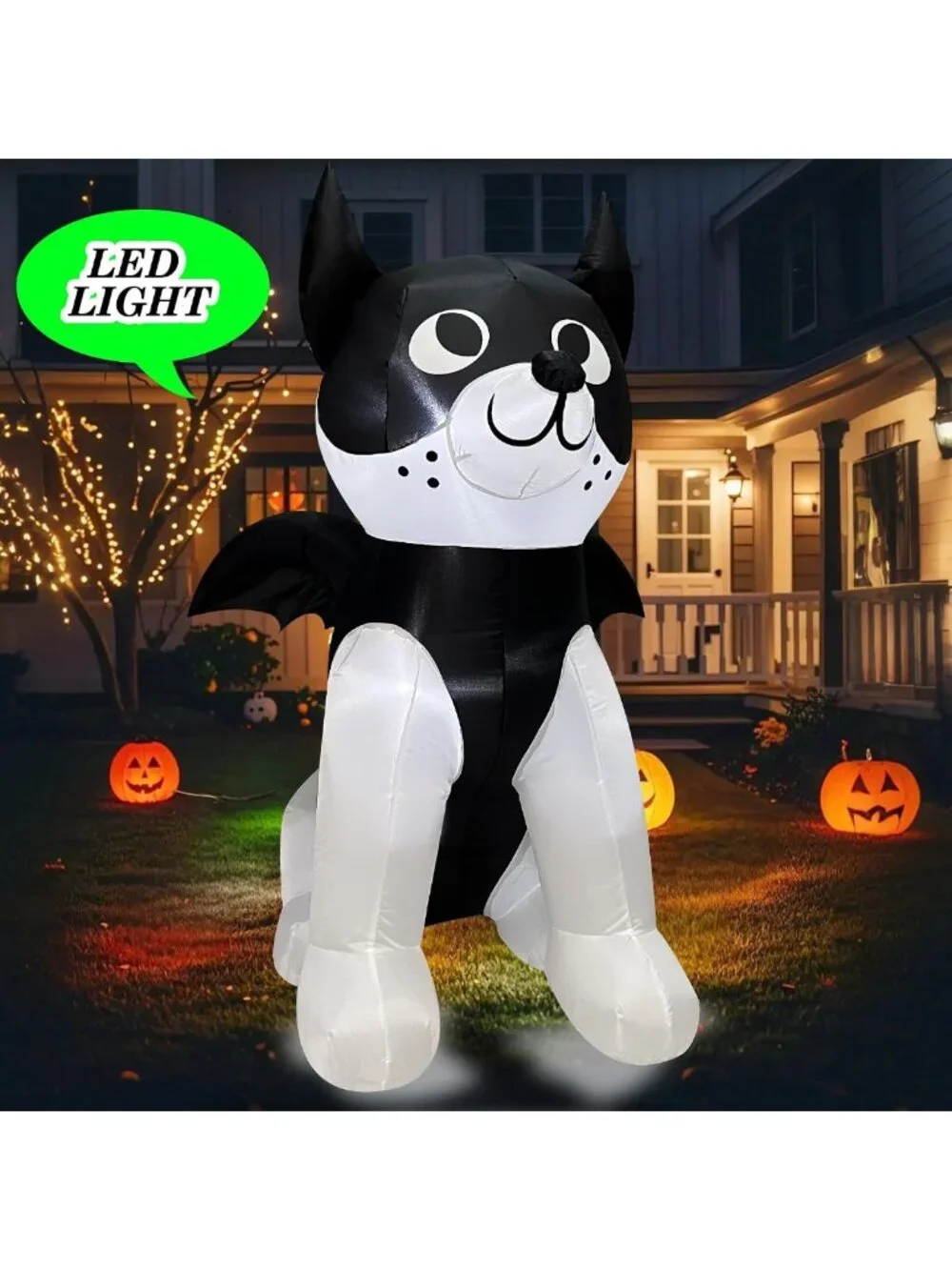 4FT Halloween Inflatable French Bulldog with Bat Wings - LED Yard Decor for